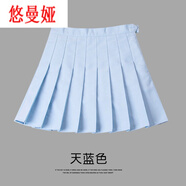 百褶裙女夏季高腰短裙無(wú)內襯格子a字裙半身裙子 天藍色 S