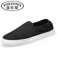 波佐斯（POEZONIS）夏季懶人鞋男一腳蹬手工老北京男士休閑帆布鞋舒適透氣平板鞋子男 黑色 41