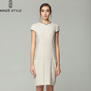 名師路短袖連衣裙女夏裝新款休閑簡(jiǎn)約OL通勤圓領(lǐng)大口袋連衣裙中裙 杏色70 M