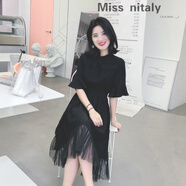 miss nitaly夏新款高腰雪紡網(wǎng)紗拼接連衣裙女裝氣質(zhì)長裙復(fù)古慵懶冷淡風(fēng)a字裙 黑色 S
