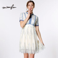 名媛坊（MIRROR FUN）M/RRORFUN 夏裝新款 浪漫宮廷風(fēng)剪線蕾絲花A型連衣裙 藍(lán)色花 S