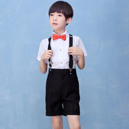 云凝裳兒童禮服男六一兒童節短褲背帶套裝學(xué)生合唱演出服花童禮服男夏韓 白色短袖+黑短褲+背帶+紅色領(lǐng)結 110