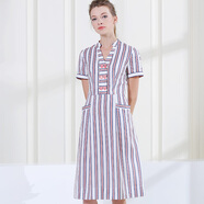 名媛坊（MIRROR FUN）M/RRORFUN夏季新品收腰顯瘦V領(lǐng)彩色條紋中長(cháng)款連衣裙 紅色條紋 S