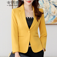 古緹琪女士小西裝外套2022春秋款短裝西服上衣長(cháng)袖短款氣質(zhì)休閑百搭外搭 黃色小西裝 S