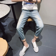 增仔學(xué)生九分褲男破洞牛仔褲修身小腳褲韓版磨爛乞丐褲顯瘦緊身褲貼身版鉛筆褲印花翻邊潮褲 懷舊藍(lán) 34碼