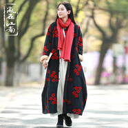 亂在江南民族風長款繡花棉服女加絨加厚冬季新款寬松復古棉外套 黑底繡花 均碼