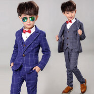 小熊精靈（xiaoxiongjingling）童裝男童西裝套裝春秋季禮服兒童西服小男孩主持鋼琴合唱表演出服 藍色4(外套+馬甲+褲子+領(lǐng)結(jié)) 110碼/(11)(建議高100左右)