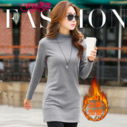 衣領(lǐng)飄飄長(cháng)袖女裝中長(cháng)款上衣秋冬裝衣服加厚加絨半高領(lǐng)打底衫體恤 灰色加絨 M(95-105斤)