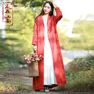 亂在江南亞麻休閑復古風(fēng)衣女長(cháng)款寬松系帶春季新款純色文藝范外套 磚紅色 L