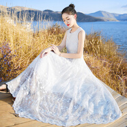 西子美麗心情2020夏季新款女裝無(wú)袖蕾絲裙子連衣裙長(zhǎng)裙波西米亞海邊度假沙灘裙 白色 XZ17C786 S
