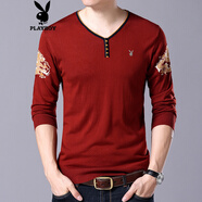 花花公子（PLAYBOY）春秋裝V領(lǐng)長(cháng)袖t恤打底衫大碼中青年薄款針織衫雞心領(lǐng)體恤上衣服 ZMF6625 紅色 專(zhuān)柜品質(zhì)，現貨現發(fā) M (165) (推薦100-120斤) 