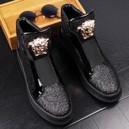 馬丁靴男短靴潮流高幫鞋亮面厚底樂(lè )福鞋45碼 46碼青年個(gè)性漆皮男發(fā)型師百搭休閑男鞋YDL P8333黑色標準款 38