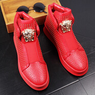 YDL男士高幫小白鞋紅色韓版厚低鉚釘松緊 青年美發(fā)師 個(gè)性休閑板鞋內增高皮鞋男旅游鞋 . 紅色增高款 40