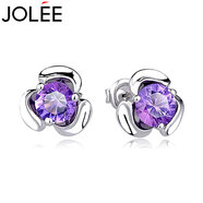 JOLEE耳釘女天然紫水晶S925銀花朵簡約時尚飾品送女士節(jié)日禮物一物一證