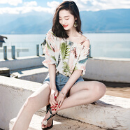 西子美麗心情夏裝新款女裝韓版寬松花色五分袖吊帶雪紡衫短款上衣 圖片色XZ18D882 L