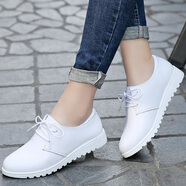 哚美哚尚 韓版真皮平底單鞋女小皮鞋學(xué)生圓頭英倫風(fēng)休閑小白鞋系帶平跟防滑媽媽鞋孕婦鞋 白色 38