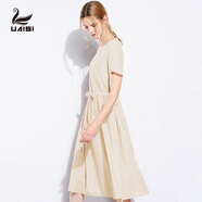 UAISI春夏休閑女裝棉質(zhì)連衣裙女文藝小清新長(cháng)裙寬松休閑時(shí)尚簡(jiǎn)約裙子 米色 短袖 XS (155)