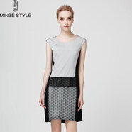 名師路品牌女裝夏裝OL通勤氣質(zhì)優(yōu)雅圓領(lǐng)拼接蕾絲連衣裙 黑白90 M