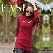 衣領(lǐng)飄飄T恤長(cháng)袖女裝中長(cháng)款上衣秋冬裝新款加厚加絨打底衫女士衣服 酒紅色不加絨 3XL(140-155斤)