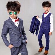 小熊精靈（xiaoxiongjingling）童裝男童西裝套裝春秋季禮服兒童西服小男孩主持鋼琴合唱表演出服 灰色4(外套+馬甲+褲子+領(lǐng)結(jié))  120碼/(13)(建議高110左右)