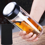禾艾蘇（heisou） 雙層玻璃杯男女商務(wù)杯泡茶杯茶水分離杯便攜水杯車載水杯隨手杯 黑色（500ml）+杯套
