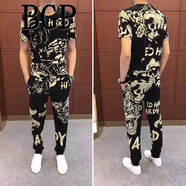 BGP港系潮牌新款短袖長褲兩件套大碼男裝老虎頭燙鉆潮流韓版休閑套裝 圓領(lǐng)套裝 M