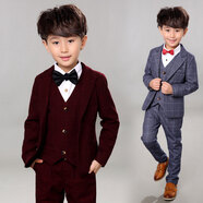 小熊精靈（xiaoxiongjingling）童裝男童西裝套裝春秋季禮服兒童西服小男孩主持鋼琴合唱表演出服 酒紅4(外套+馬甲+褲子+領(lǐng)結(jié)) 150碼/(19)(建議高140左右)