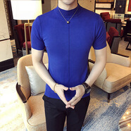 凡迪時尚短袖毛衣春秋男士短袖T恤韓版修身青年半袖針織衫打底衫套頭毛衣男潮 彩藍(lán)色 M