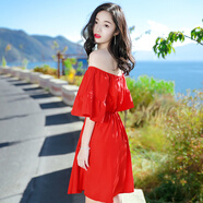夏季新品女裝紅色短裙子一字領雪紡連衣裙波西米亞沙灘度假裙 紅色 XZ18D796 M
