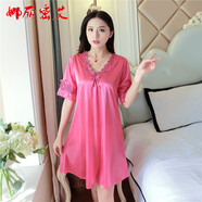 岱銘軒 睡衣女夏天睡裙冰絲性感短袖寬松清新蕾絲韓版V領(lǐng)絲質(zhì)家居服 QMS C329#睡裙 瓜紅 均碼（適合身高145-173cm）