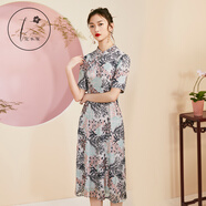 花木深【吳謹言同款】旗袍改良版連衣裙女刺繡高腰裙真絲裙子禮服 淺灰色 M