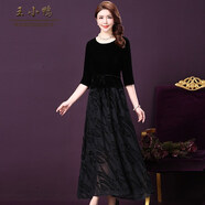王小鴨夏季新款簡(jiǎn)約氣質(zhì)韓版女裝五分袖紗網(wǎng)連衣裙長(cháng)裙W-YWT-5052 黑色 L