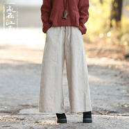 亂在江南棉麻休閑褲春夏新款女裝文藝范百搭民族風(fēng)松緊腰長款闊腿褲 亞麻色 L