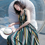 西子美麗心情夏季新品女裝波西米亞長(cháng)裙條紋露背吊帶雪紡連衣裙海邊度假沙灘裙 圖片色AQ17A617 XL