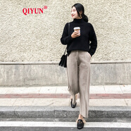 QIYUN 毛呢褲子女秋冬新款顯瘦高腰哈倫褲直筒加厚煙管蘿卜休閑褲 黑色 L