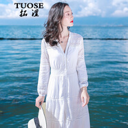 TUOSE 連衣裙 香港潮牌夏季新款沙灘裙泰國度假海灘裙子白色文藝復古顯瘦蕾絲連衣裙波西米亞長(cháng)裙 白色  L