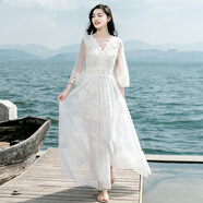 西子美麗心情夏季新款女裝白色蕾絲網(wǎng)紗連衣裙長(zhǎng)裙波西米亞沙灘裙初戀裙子 白色  XZ18A941 M