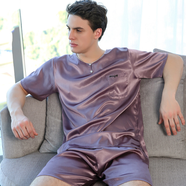 凱瑞絲雅仿真絲綢情侶睡衣男女士短袖短褲 韓版 短袖+短褲 套裝圓領(lǐng)時(shí)尚 紫褐 男 L