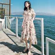 西子美麗心情2018春夏新款女裝中長(cháng)短袖顯瘦雪紡連衣裙波西米亞沙灘裙海邊度假 圖片色 XZ18D971 S