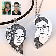 丘比戀定制99足銀照片項鏈 男女士情侶吊墜 雙面刻字  輕奢銀飾生日禮物 桃心情侶一對2.8cm