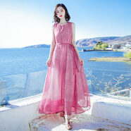 西子美麗心情夏季新品女裝系帶無(wú)袖雪紡連衣裙長(zhǎng)裙波西米亞海邊度假沙灘裙 圖片色XZ17A612 M