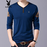 花花公子（PLAYBOY）春秋裝V領(lǐng)長(cháng)袖t恤打底衫大碼中青年薄款針織衫雞心領(lǐng)體恤上衣服 ZMF6625 藍色 專(zhuān)柜品質(zhì)，現貨現發(fā) M (165) (推薦100-120斤) 