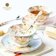 品來(lái)運(yùn)陶瓷茶杯歐式骨瓷咖啡杯套裝下午茶具創(chuàng)意英式紅茶杯田園風(fēng)情水杯 粉黛佳人杯碟+勺（白杯壁）