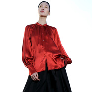 界內界外原創(chuàng  )設計師女裝2020春夏新款桑蠶絲素縐緞襯衣 小立領(lǐng)喇叭袖重磅真絲長(cháng)袖襯衫女 酒紅色 S