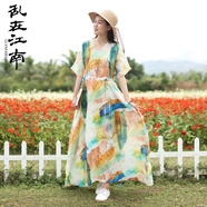 亂在江南苧麻印花連衣裙女寬松高腰褶皺夏季新款顯瘦氣質(zhì)收腰仙氣長(zhǎng)裙 花色 均碼