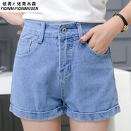 獅子聰    寬松休閑牛仔短褲女2025夏季白色高腰韓版百搭闊腿褲學(xué)生熱褲 淺藍翻邊 26