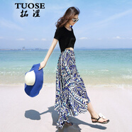 TUOSE連衣裙2023夏季新款雪紡波西米亞修身顯瘦不規(guī)則海邊度假沙灘長裙 幾何套裝（露臍款） S