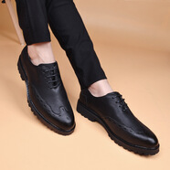 偏大一碼 皮鞋男韓版發(fā)型師 青年美發(fā)師 布洛克增高鞋流行休閑一腳蹬流蘇皮鞋婚鞋男YDL 6966黑色系帶標準款 37