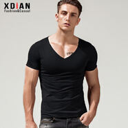 續點(diǎn)短袖T恤男 大V領(lǐng)無(wú)痕緊身純色純棉運動(dòng)修身低領(lǐng)打底衫半袖短袖t恤 黑色 L（118-130斤左右）修身型