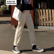 獅子聰牛仔褲女闊腿寬松春秋復(fù)古chic韓版高腰學(xué)生bf風(fēng)直筒褲長(zhǎng)褲 米白色 S